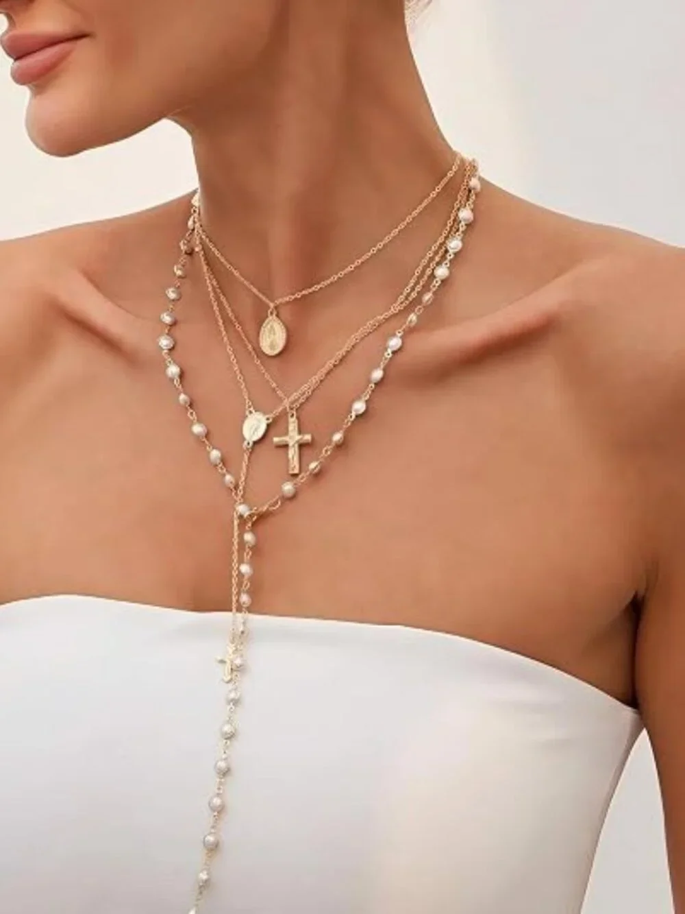 4PCS Layered Gold Cross Necklaces for Women Trendy, Bohemian Bead Pearl Y Long